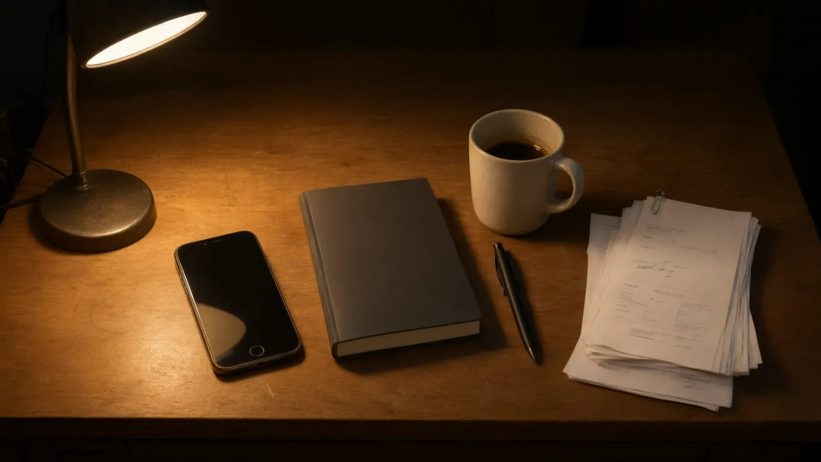 A phone on a quiet desk in a small business back office, from late evening through to the next morning.