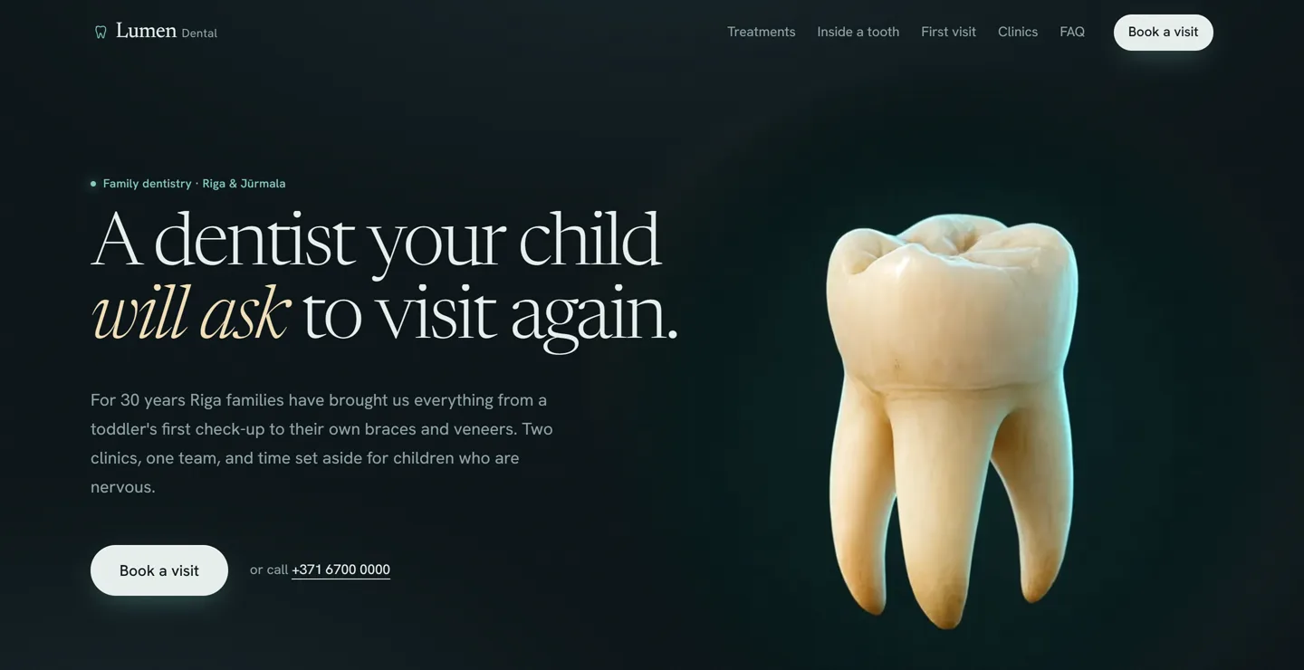 The Lumen Dental homepage on a desktop: a photoreal tooth beside the headline and a Book a visit button.